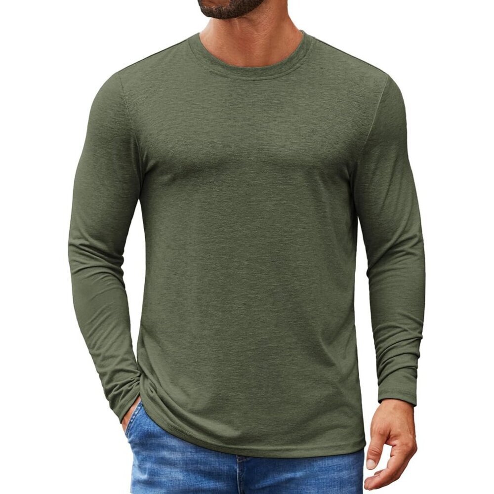 COOFANDY Men Army Green Crew Neck T-Shirt Long Sleeve Pullover Tee Soft Stretch